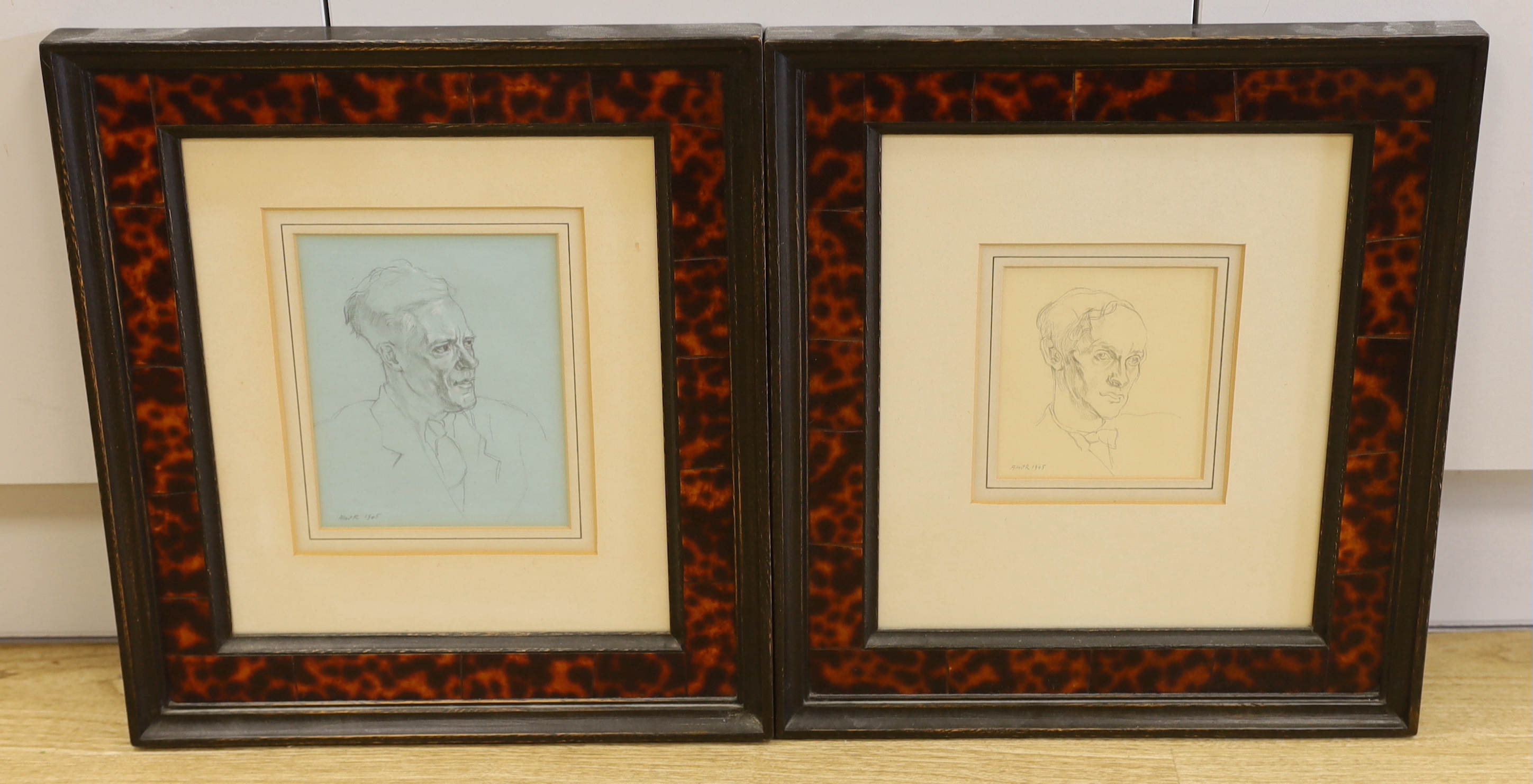 Albert R., two pencil drawings, 'Professor Lord David Cecil' and 'Professor Nevill Coghill Esq.', signed and dated 1945, 14 x 12.5cm and 19 x 15.5cm, matching simulated tortoiseshell frames